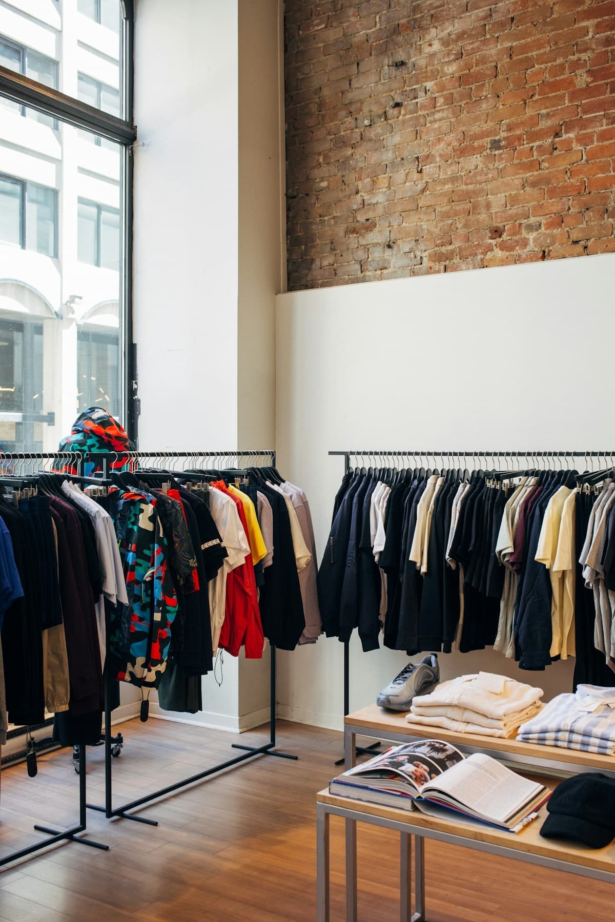Clothes on rails in a bright shop